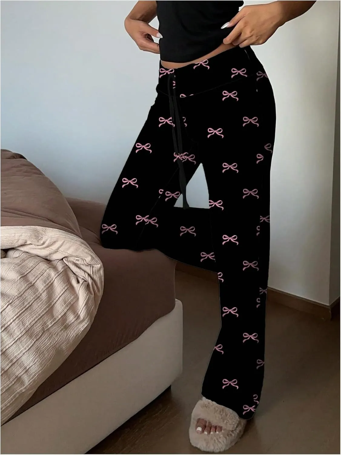 MakeMeChic Women's Bow Elastic Waist Pants Drawstring Straight Leg Y2k Trousers
