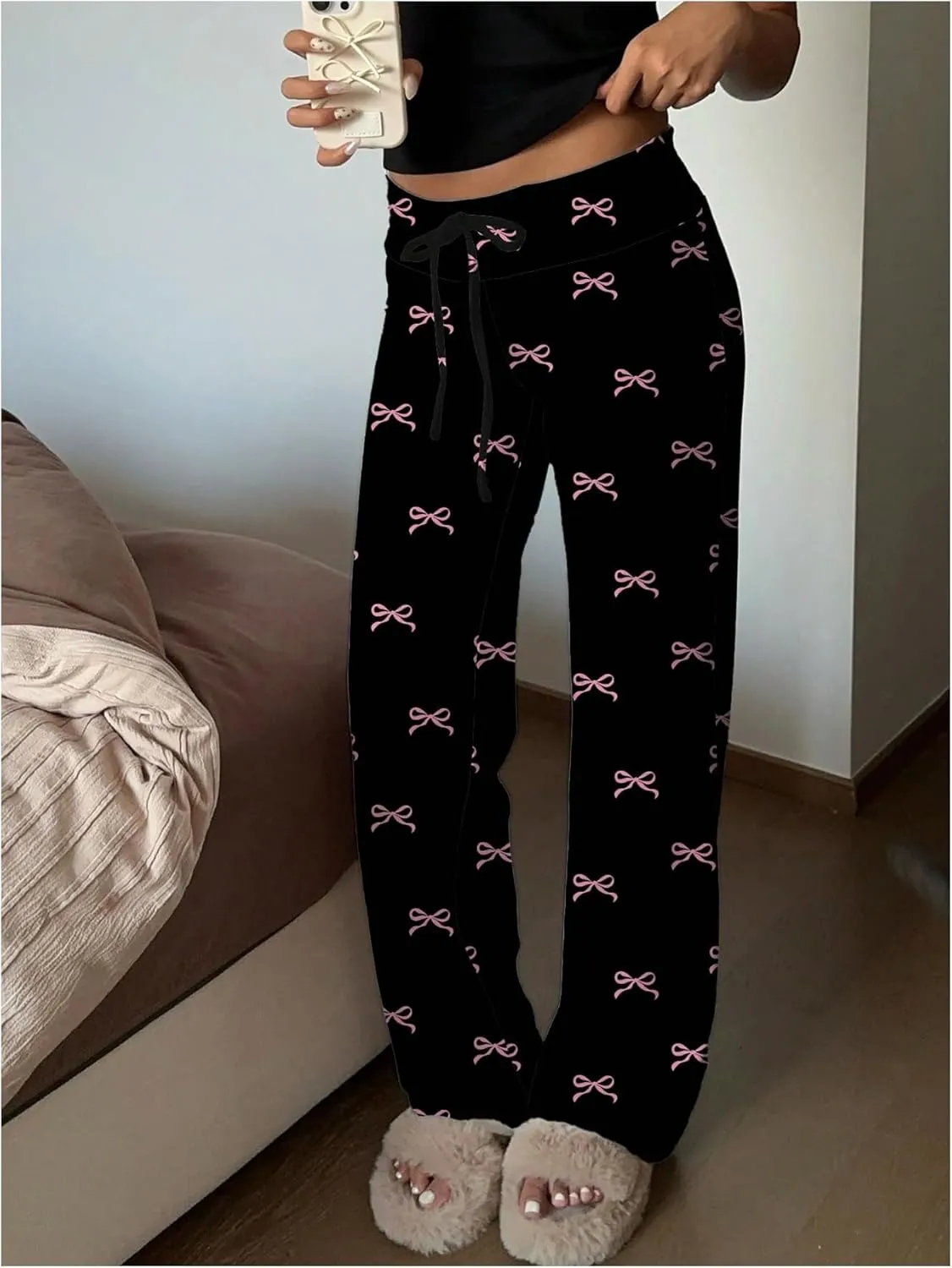 MakeMeChic Women's Bow Elastic Waist Pants Drawstring Straight Leg Y2k Trousers