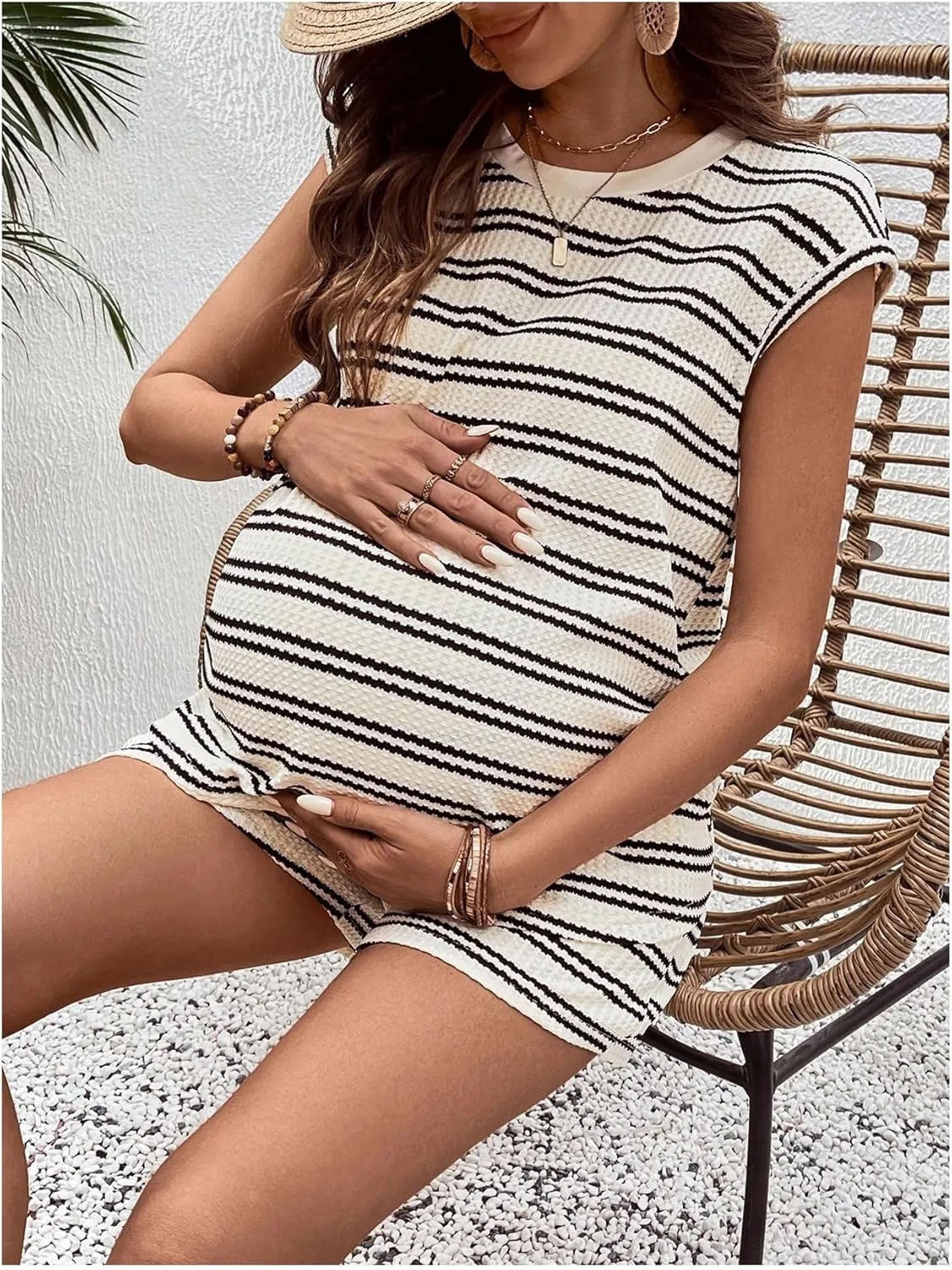 MakeMeChic Women's Maternity Short Pajamas Set Striped Tank Top and Shorts Lounge Set
