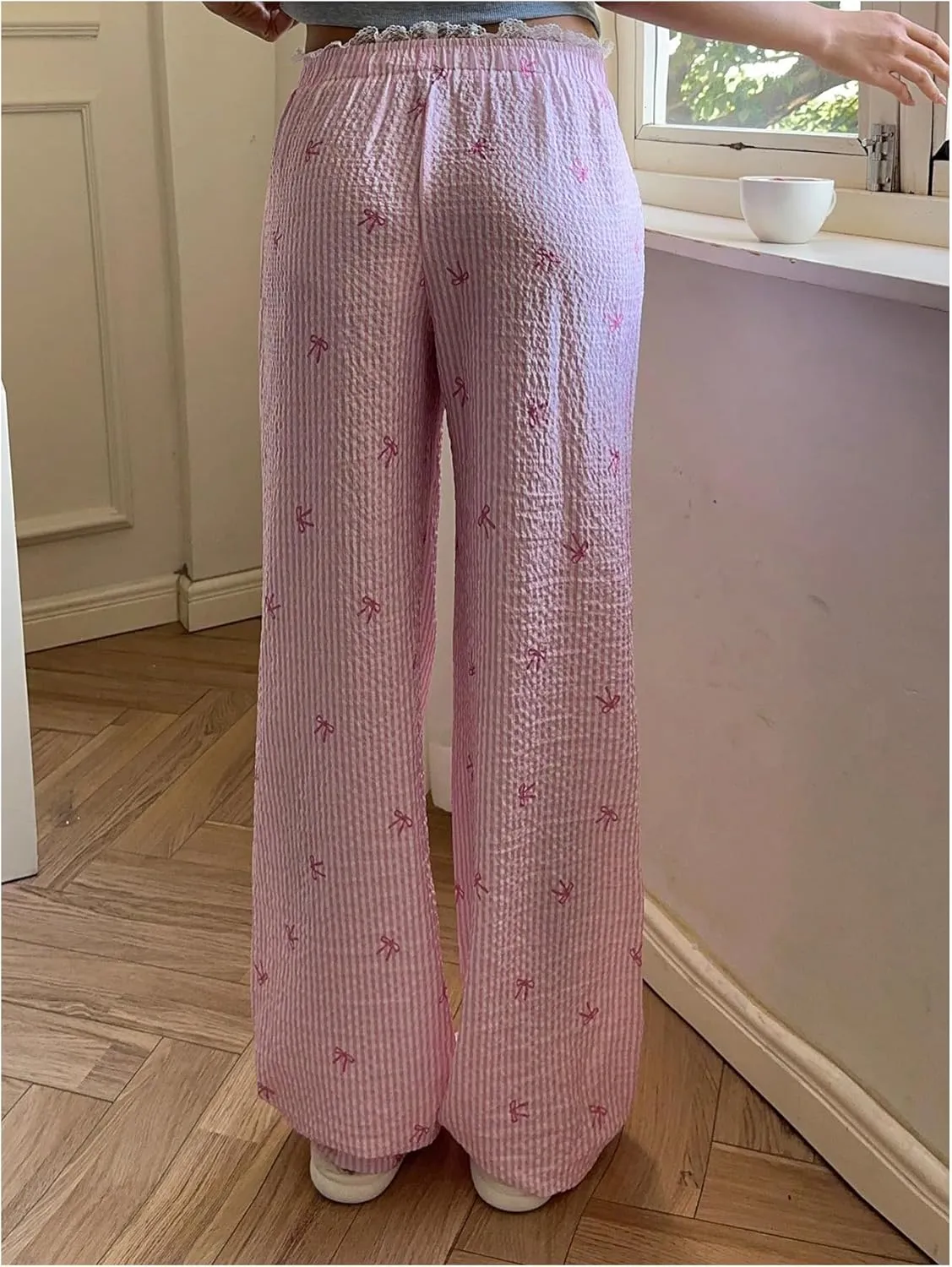 MakeMeChic Women's Y2K Bow Striped Pants Elastic Waist Pants Drawstring Straight Leg Trousers