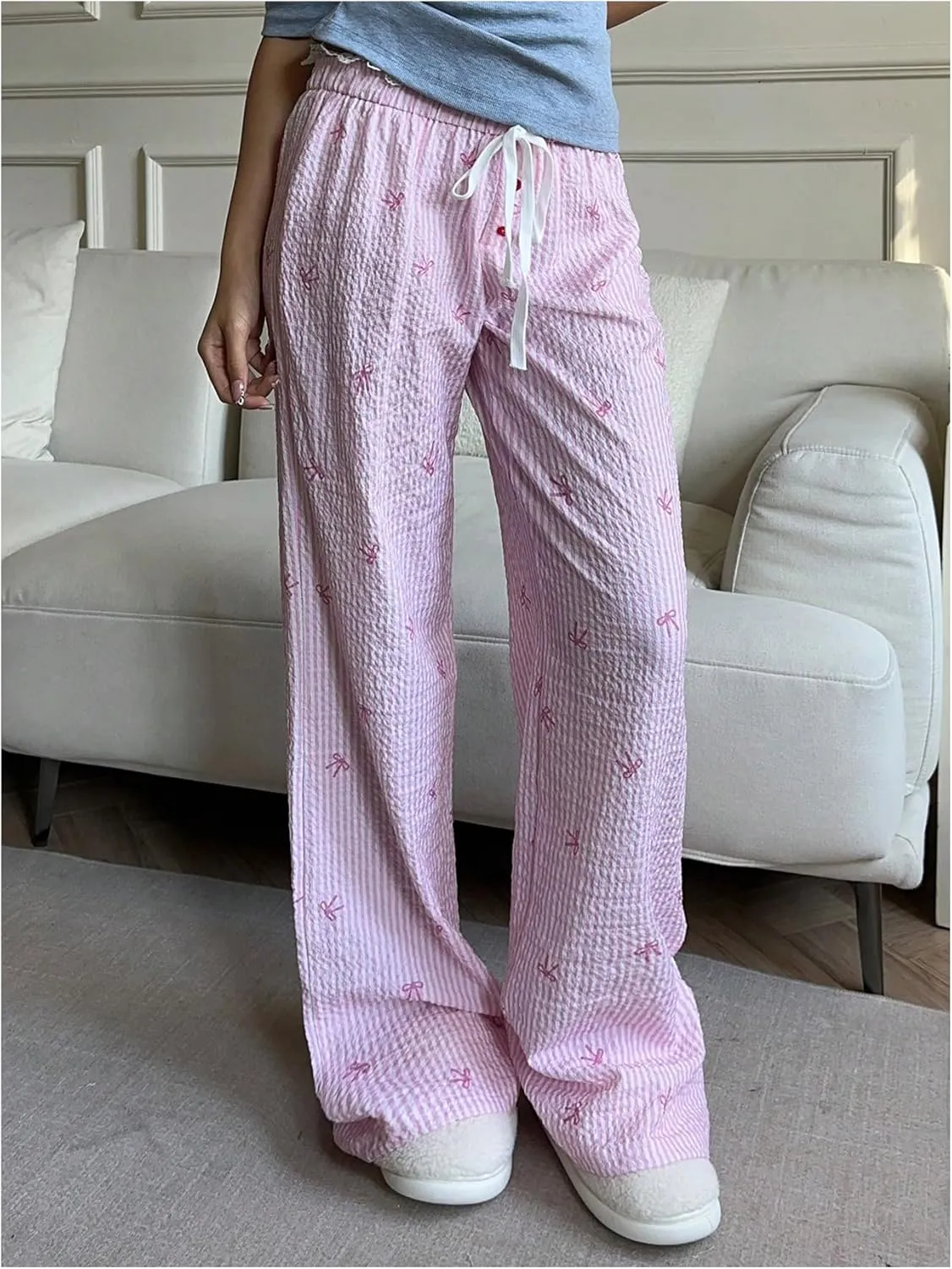 MakeMeChic Women's Y2K Bow Striped Pants Elastic Waist Pants Drawstring Straight Leg Trousers