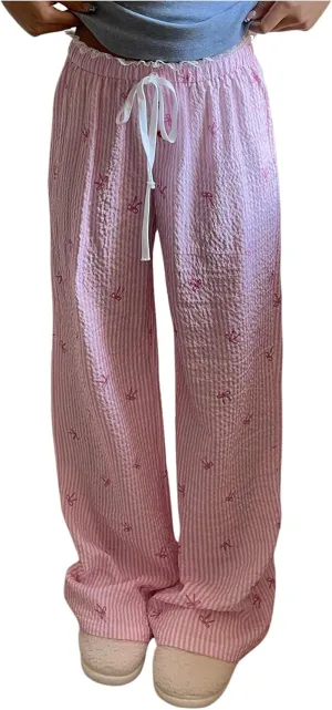 MakeMeChic Women's Y2K Bow Striped Pants Elastic Waist Pants Drawstring Straight Leg Trousers