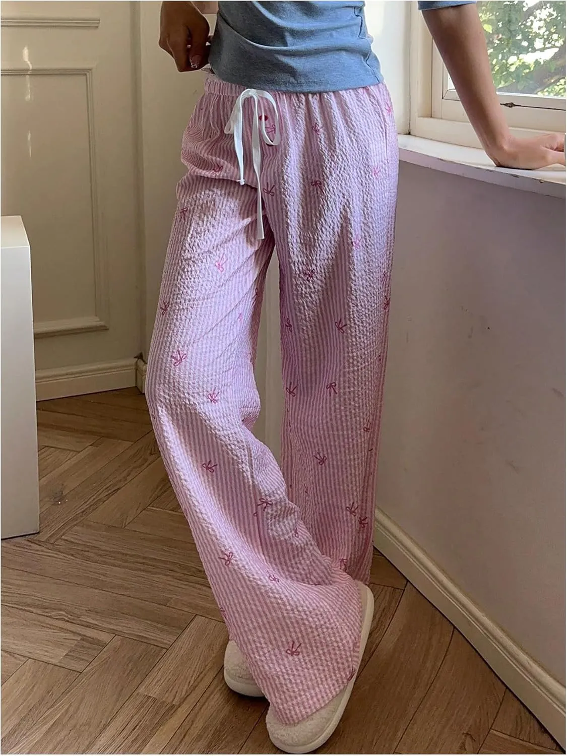 MakeMeChic Women's Y2K Bow Striped Pants Elastic Waist Pants Drawstring Straight Leg Trousers