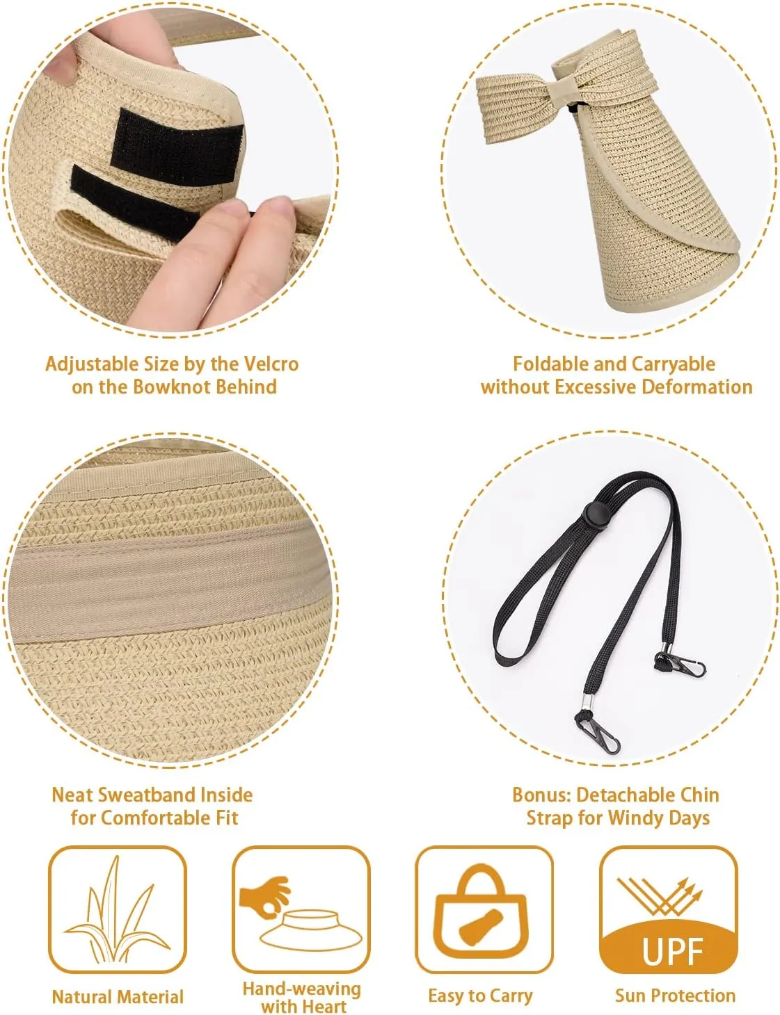 MAYLISACC Foldable Straw Sun Visors for Women, Sun Protecetion Wide Brim Sun Hats Adjustable Topless Beach Hat