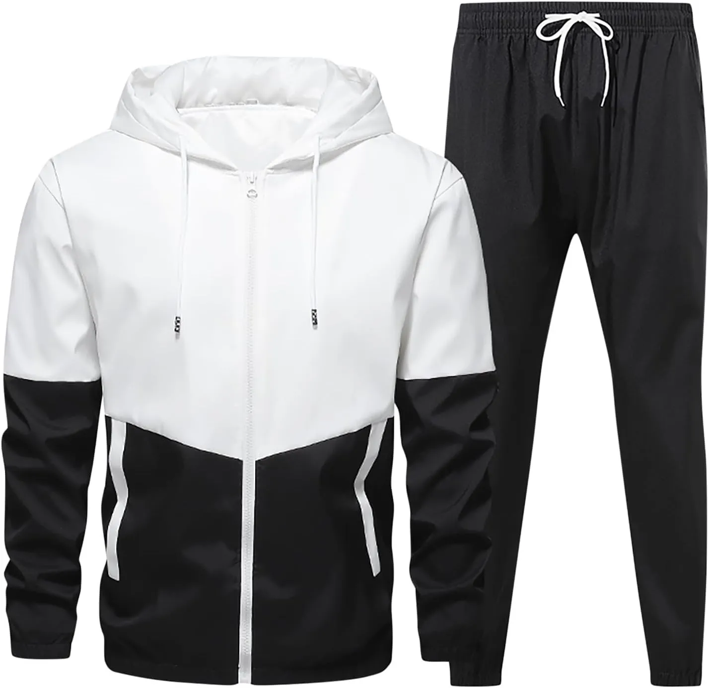 Men's 2 Pieces Sweatsuit Set Patchwork Color Block Zip Long Sleeve Hooded Jackets and Sweatpants Casual Athletic Sets