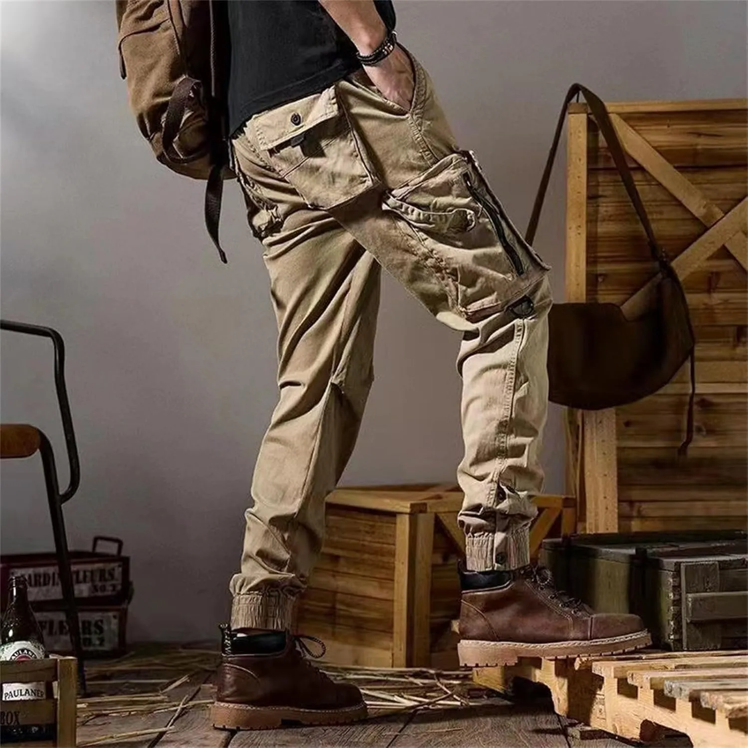Men's 2025 Work Pants Straight Outdoor Tactical Casual Pants Drawstring Trousers