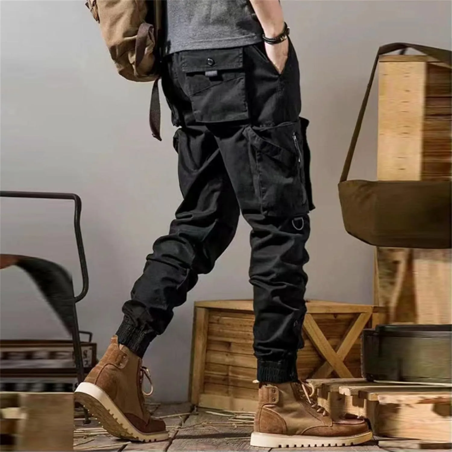 Men's 2025 Work Pants Straight Outdoor Tactical Casual Pants Drawstring Trousers