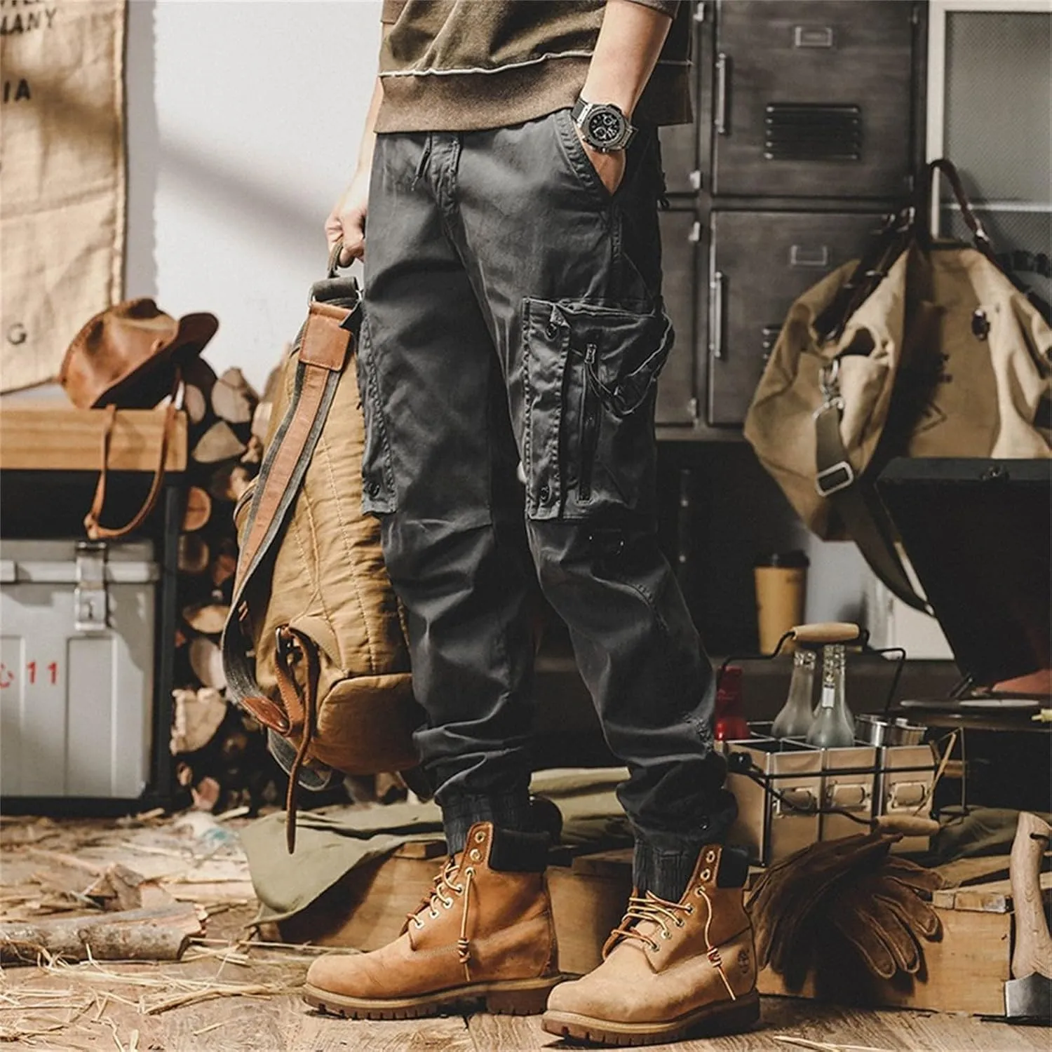 Men's 2025 Work Pants Straight Outdoor Tactical Casual Pants Drawstring Trousers