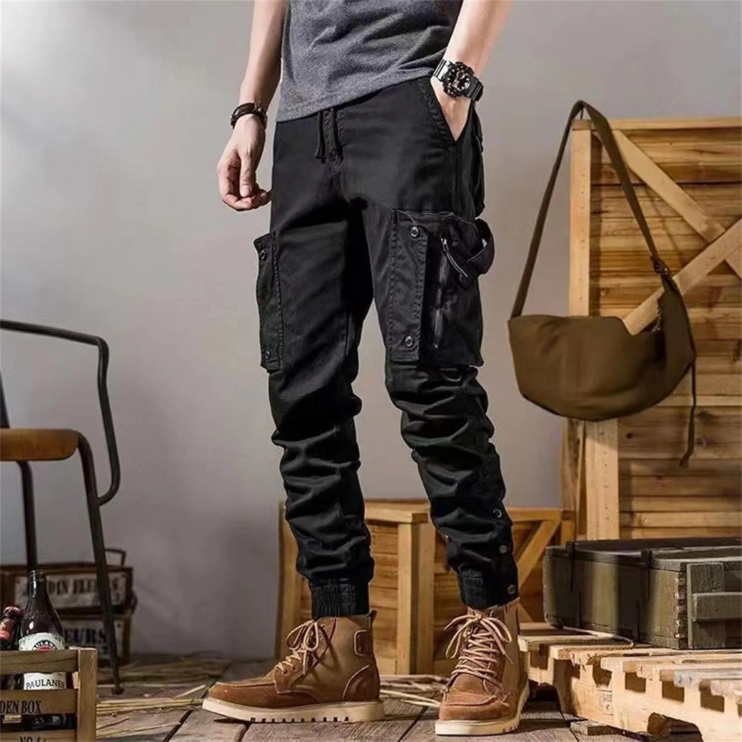 Men's 2025 Work Pants Straight Outdoor Tactical Casual Pants Drawstring Trousers
