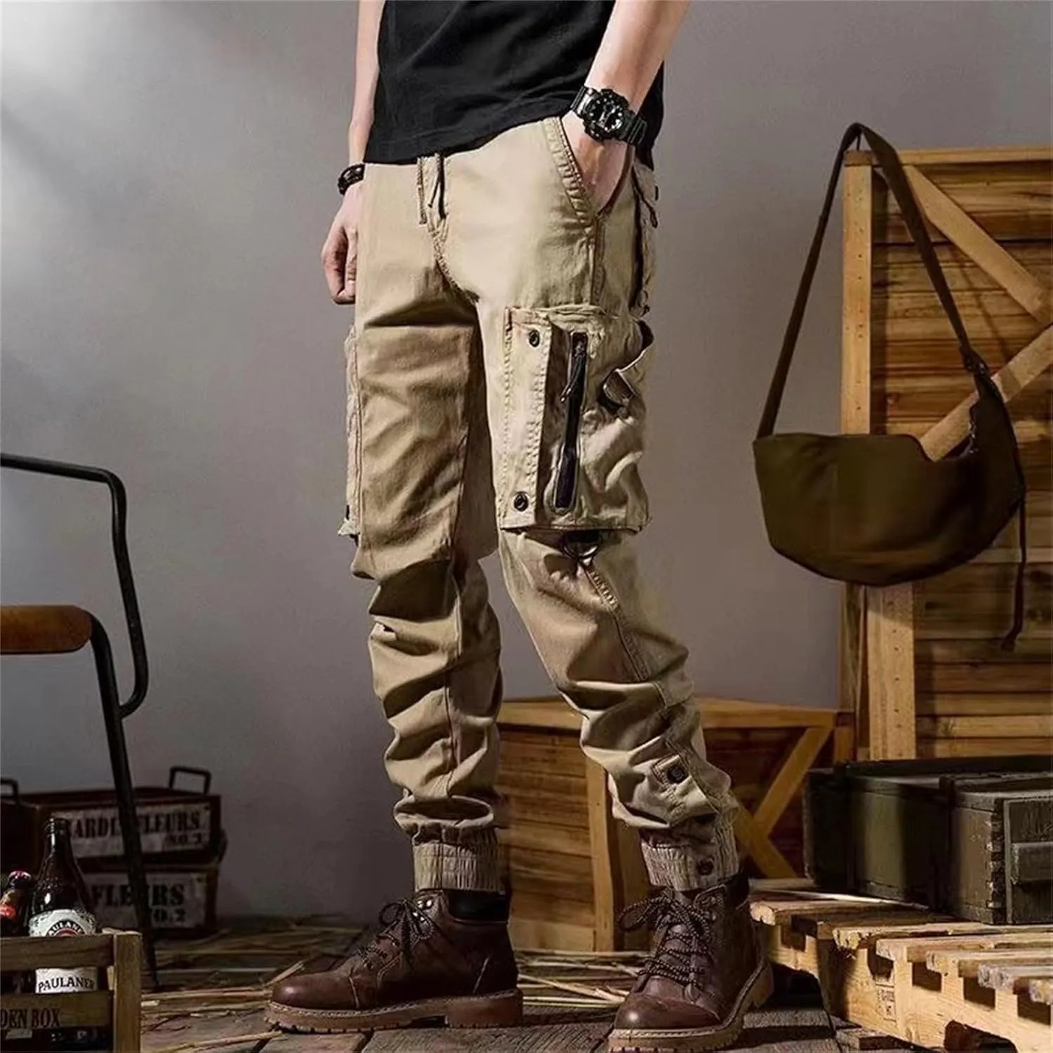 Men's 2025 Work Pants Straight Outdoor Tactical Casual Pants Drawstring Trousers