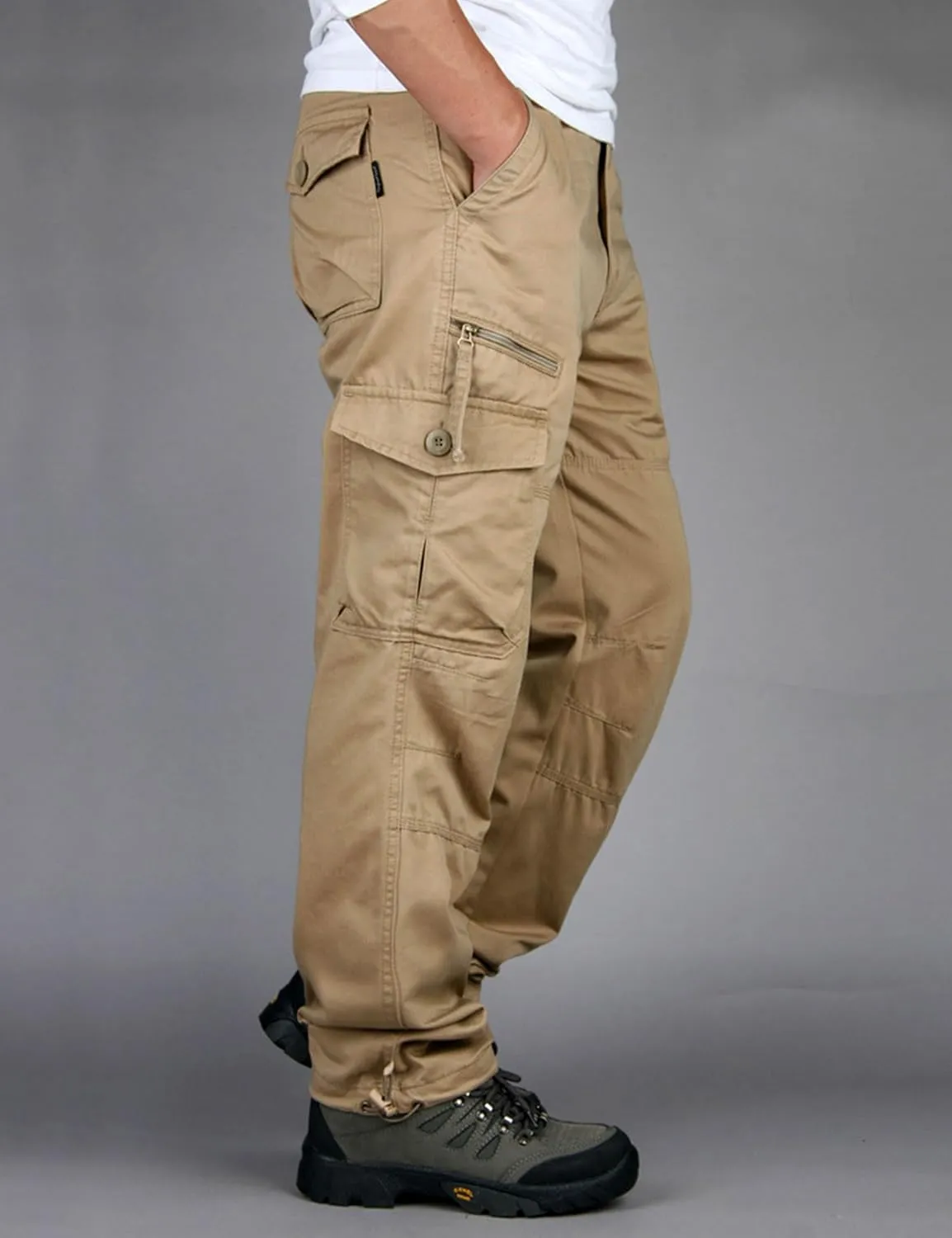 Men's Casual Elastic Waist Multi-Pockets Cargo Work Pants Trousers