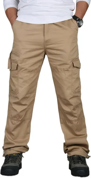 Men's Casual Elastic Waist Multi-Pockets Cargo Work Pants Trousers