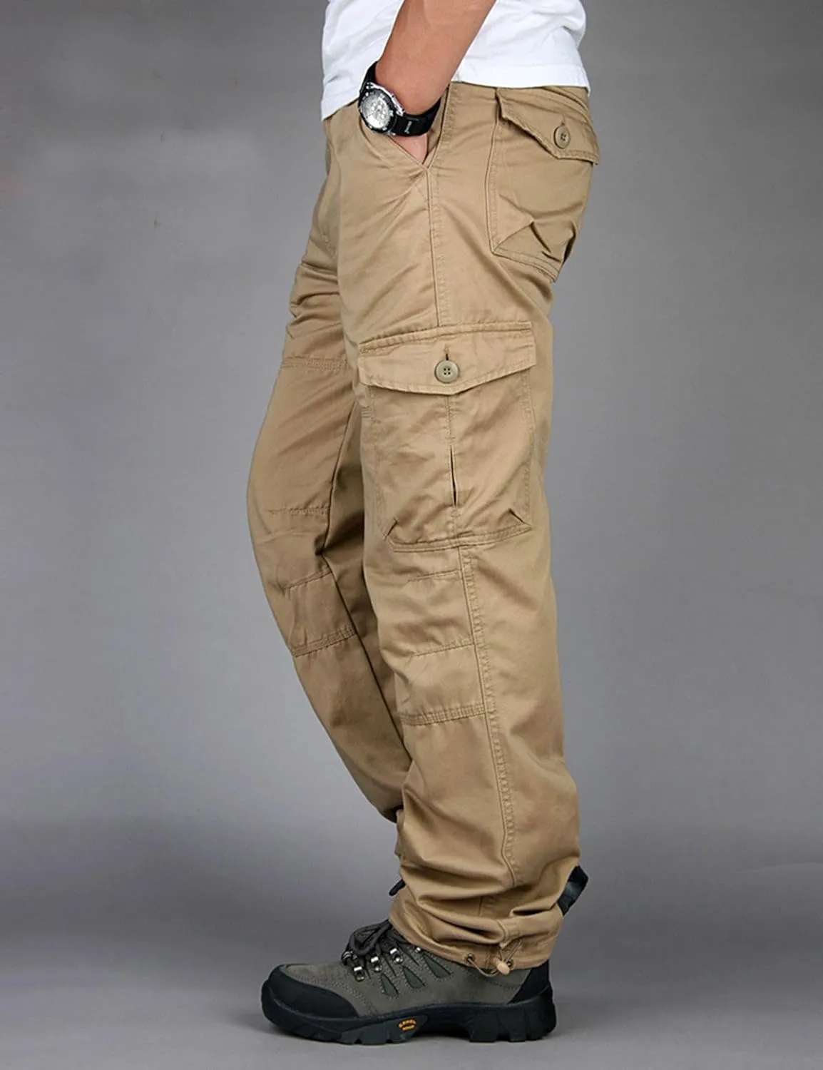 Men's Casual Elastic Waist Multi-Pockets Cargo Work Pants Trousers