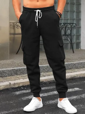 Mens Fleece Cargo Sweatpants Heavyweight Elastic Waist Pants with Pockets Baggy Drawstring Jogger Pants
