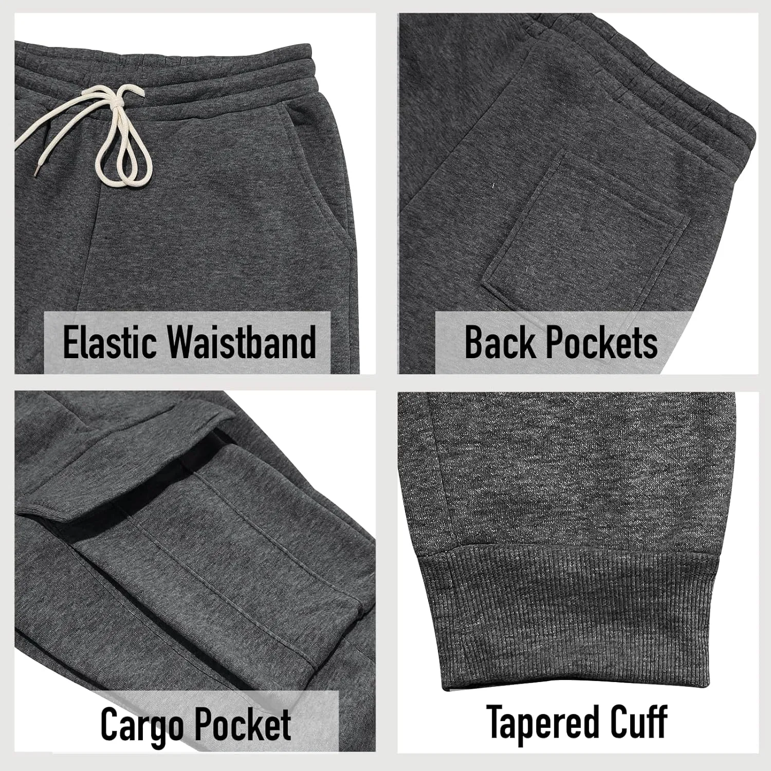 Mens Fleece Cargo Sweatpants Heavyweight Elastic Waist Pants with Pockets Baggy Drawstring Jogger Pants