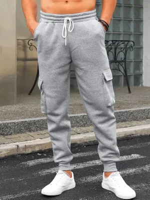 Mens Fleece Cargo Sweatpants Heavyweight Elastic Waist Pants with Pockets Baggy Drawstring Jogger Pants