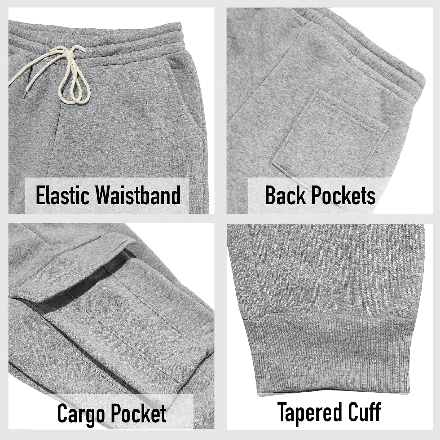 Mens Fleece Cargo Sweatpants Heavyweight Elastic Waist Pants with Pockets Baggy Drawstring Jogger Pants