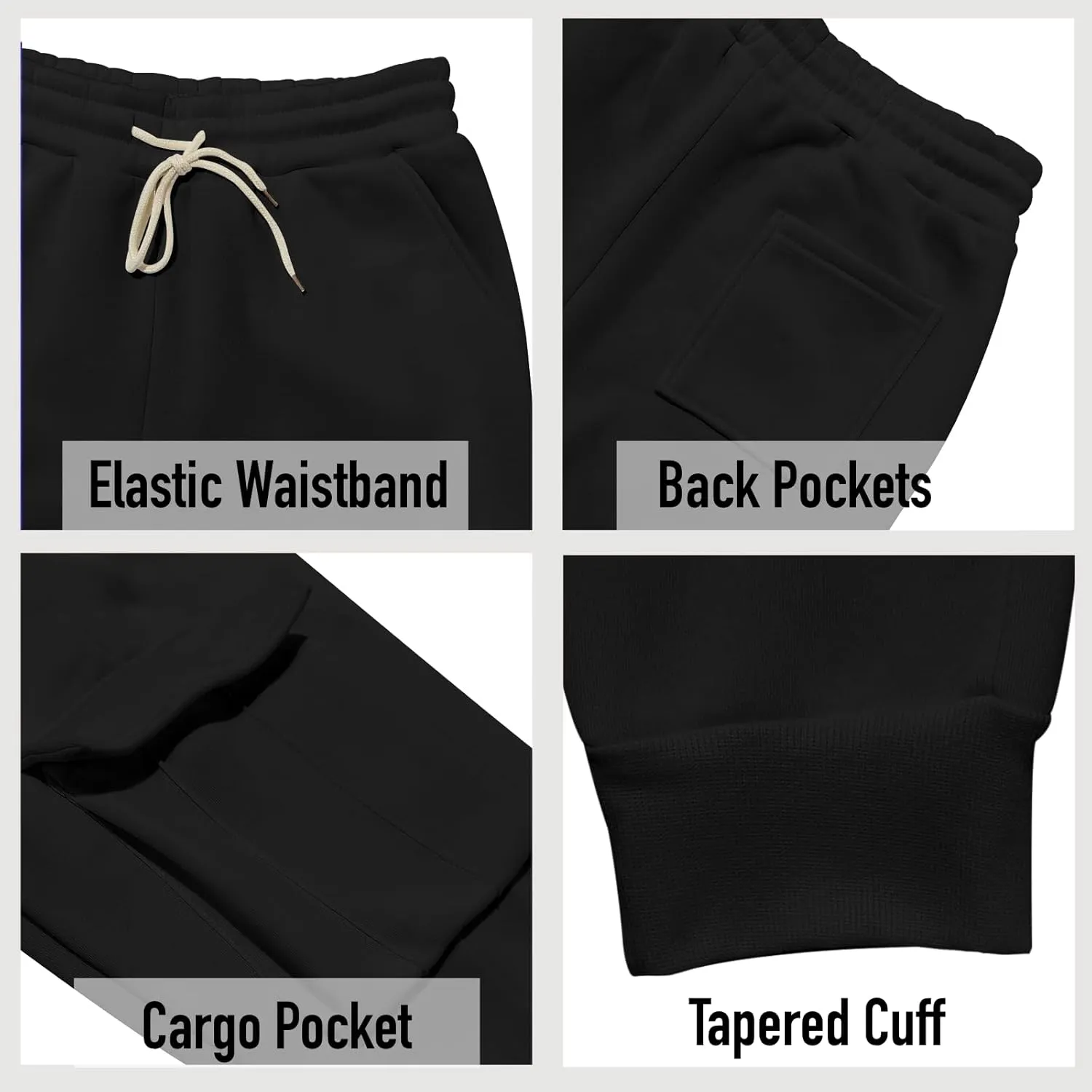 Mens Fleece Cargo Sweatpants Heavyweight Elastic Waist Pants with Pockets Baggy Drawstring Jogger Pants