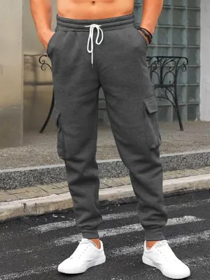 Mens Fleece Cargo Sweatpants Heavyweight Elastic Waist Pants with Pockets Baggy Drawstring Jogger Pants