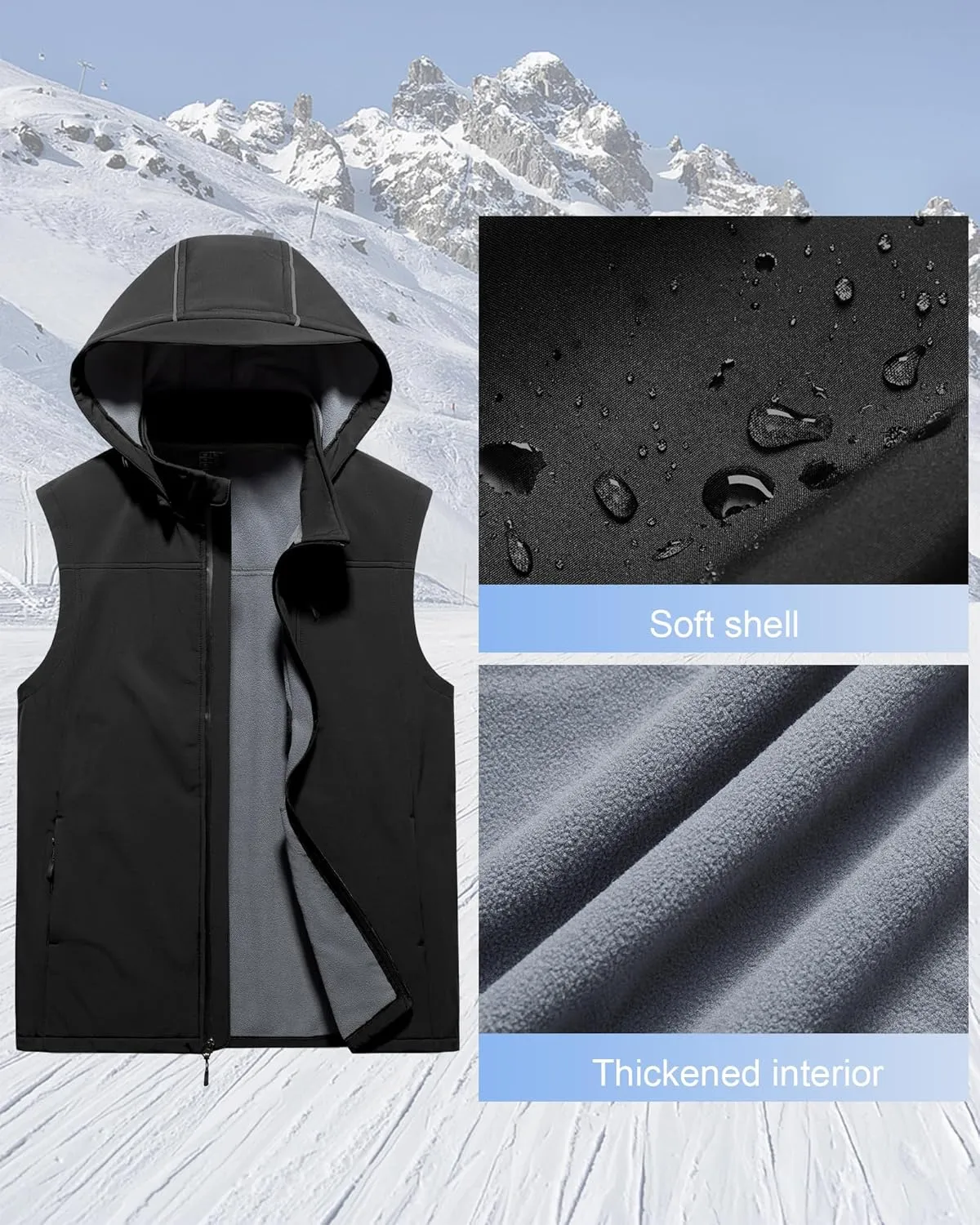 Men's Golf Vest Windproof Softshell Vest Running Outerwear Fleece Lined Sleeveless Jacket for Hiking Travel