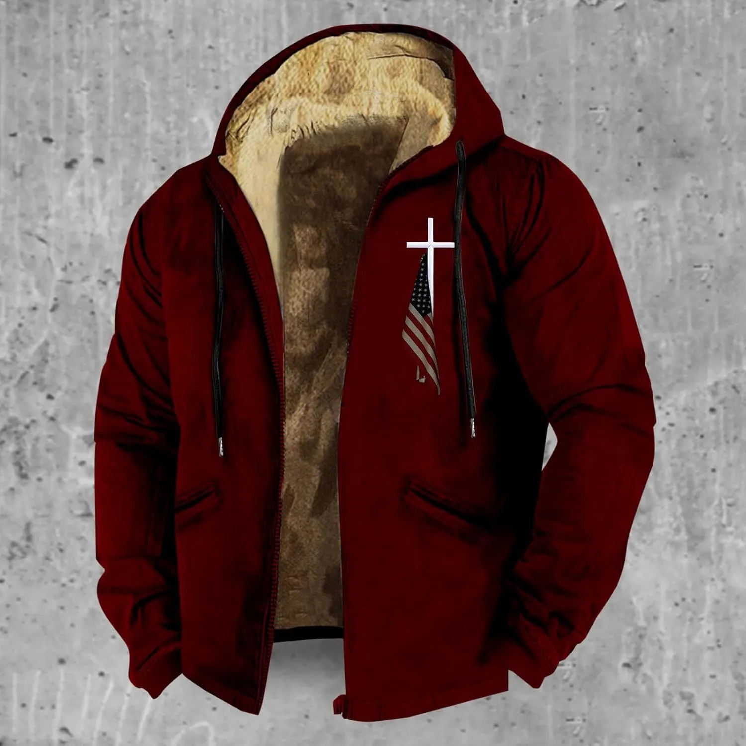 Mens Jacket Winter Color Men's Plush Jacket Collar Solid Long Hooded Men's Windbreaker Single Breasted Winter Coat