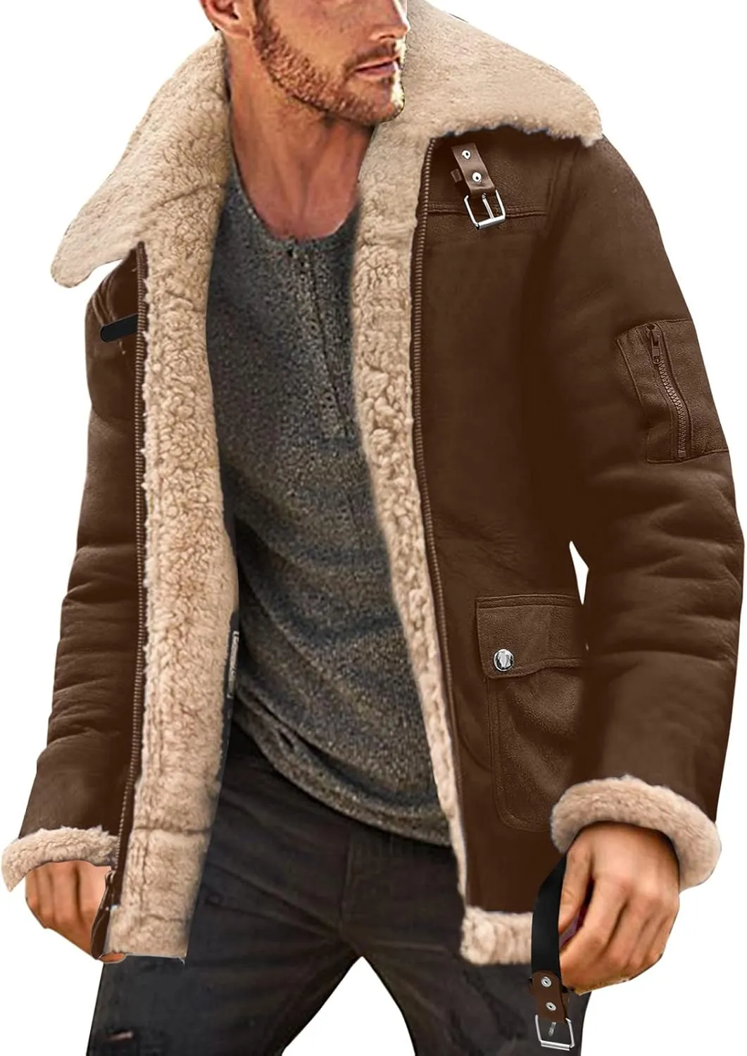 Mens Jackets Simple Winter Coat Lapel Collar Long Sleeve Padded Leather Jacket Vintage Thicken Coat Sheepskin Jacket