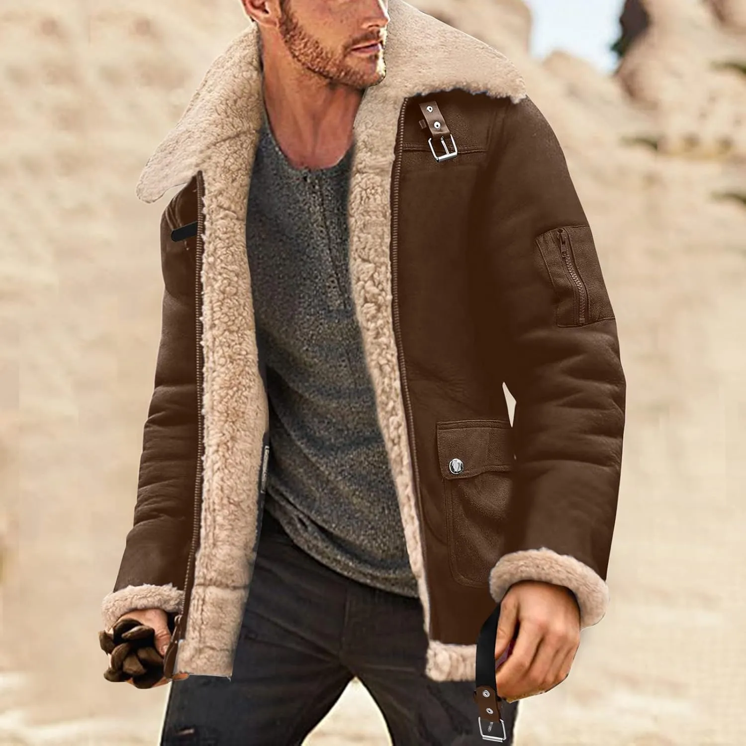 Mens Jackets Simple Winter Coat Lapel Collar Long Sleeve Padded Leather Jacket Vintage Thicken Coat Sheepskin Jacket