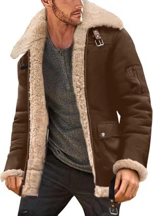 Mens Jackets Simple Winter Coat Lapel Collar Long Sleeve Padded Leather Jacket Vintage Thicken Coat Sheepskin Jacket