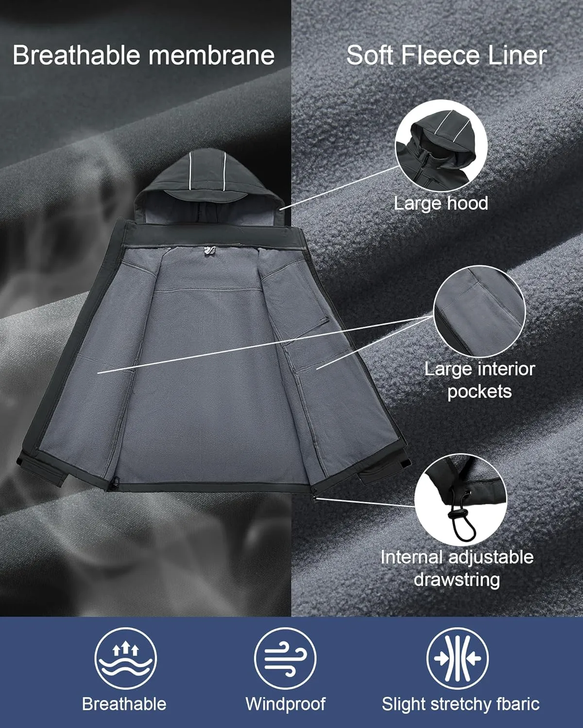 Men's Soft Shell Jacket Waterproof Military Tactical Coat Winter Fleece Lined Rain Jacket with Detachable Hood