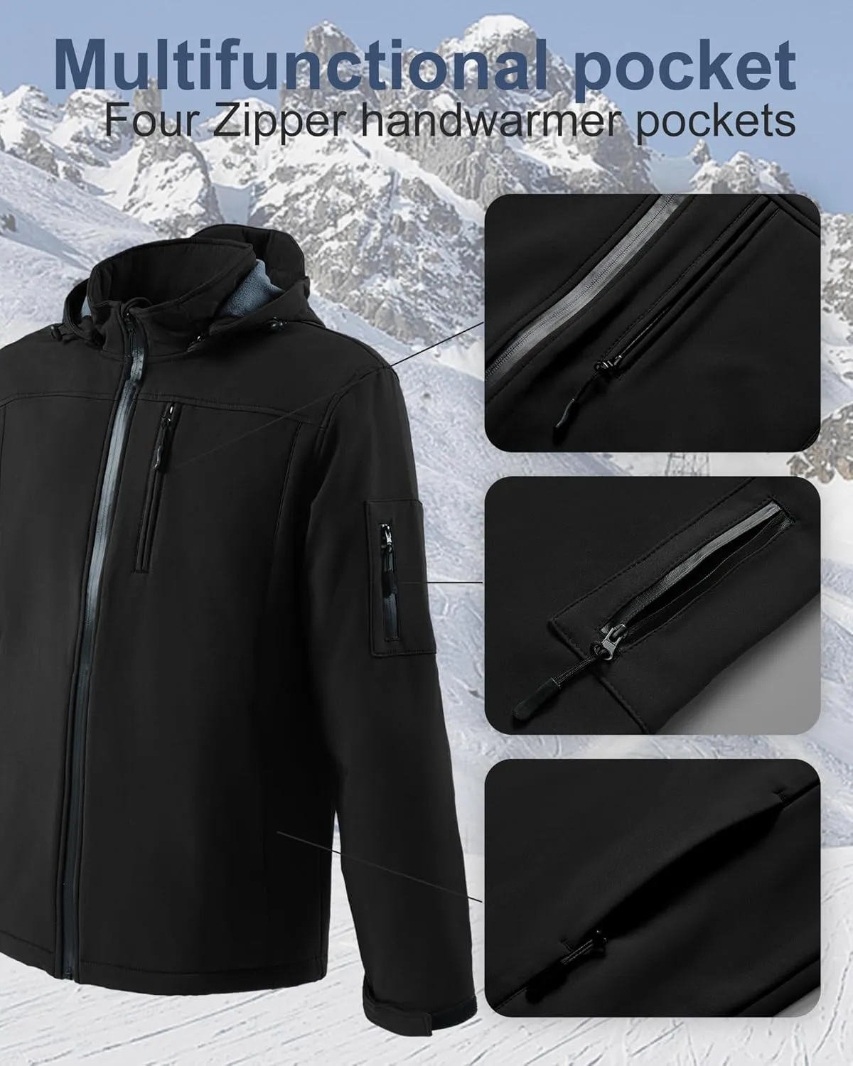 Men's Soft Shell Jacket Waterproof Military Tactical Coat Winter Fleece Lined Rain Jacket with Detachable Hood