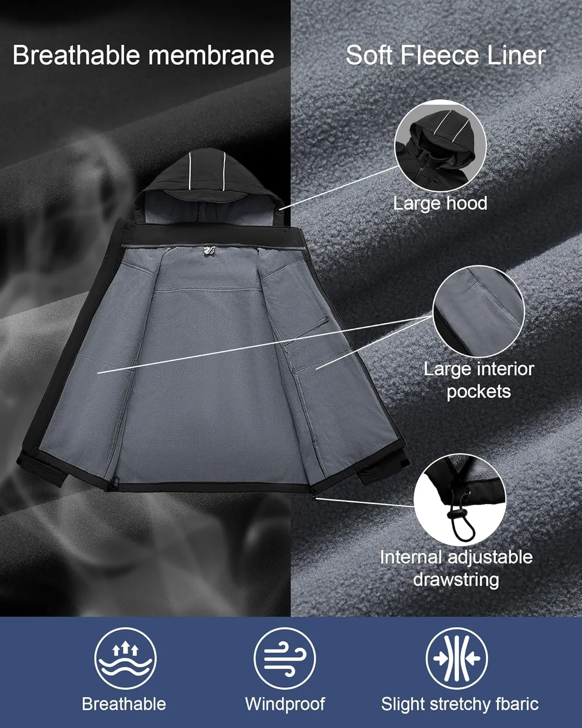 Men's Soft Shell Jacket Waterproof Military Tactical Coat Winter Fleece Lined Rain Jacket with Detachable Hood