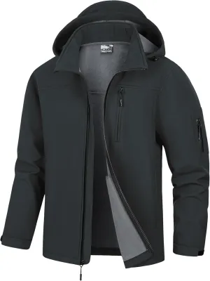 Men's Soft Shell Jacket Waterproof Military Tactical Coat Winter Fleece Lined Rain Jacket with Detachable Hood