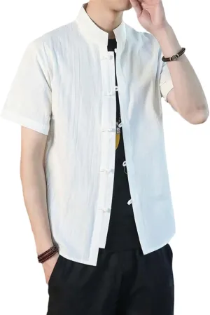 Men's Summer Half Sleeve Shirt Cotton Linen Casual Traditional Chinese Style Shirt