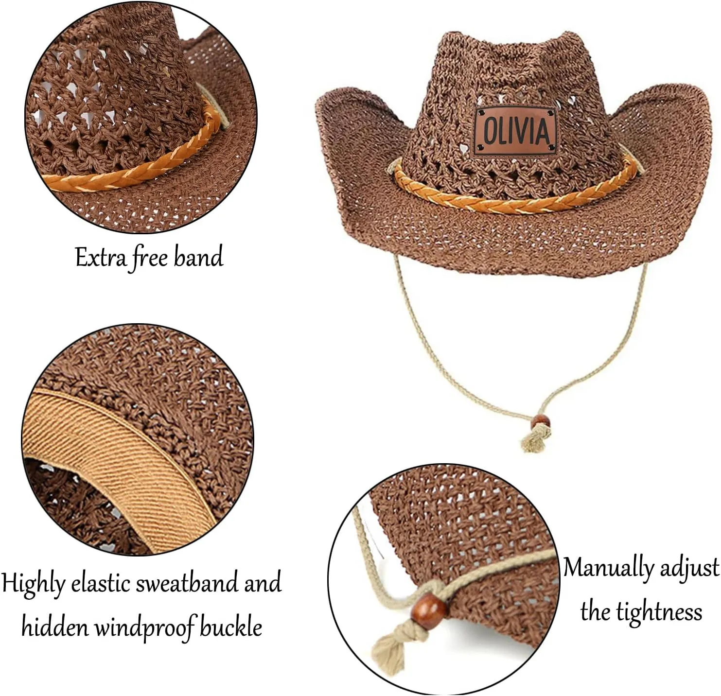 Men's Women's Western Straw Cowboy Hat,Cowgirl Hat with Two Decorative Bands,Shapeable Brim Woven Sun Hat