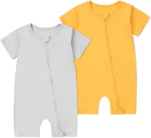 MICHLEY Baby Bamboo Viscose Short Sleeve Summer Romper 2 Pack, Unisex Newborn Zipper Bodysuit Toddler Clothes 0-24M