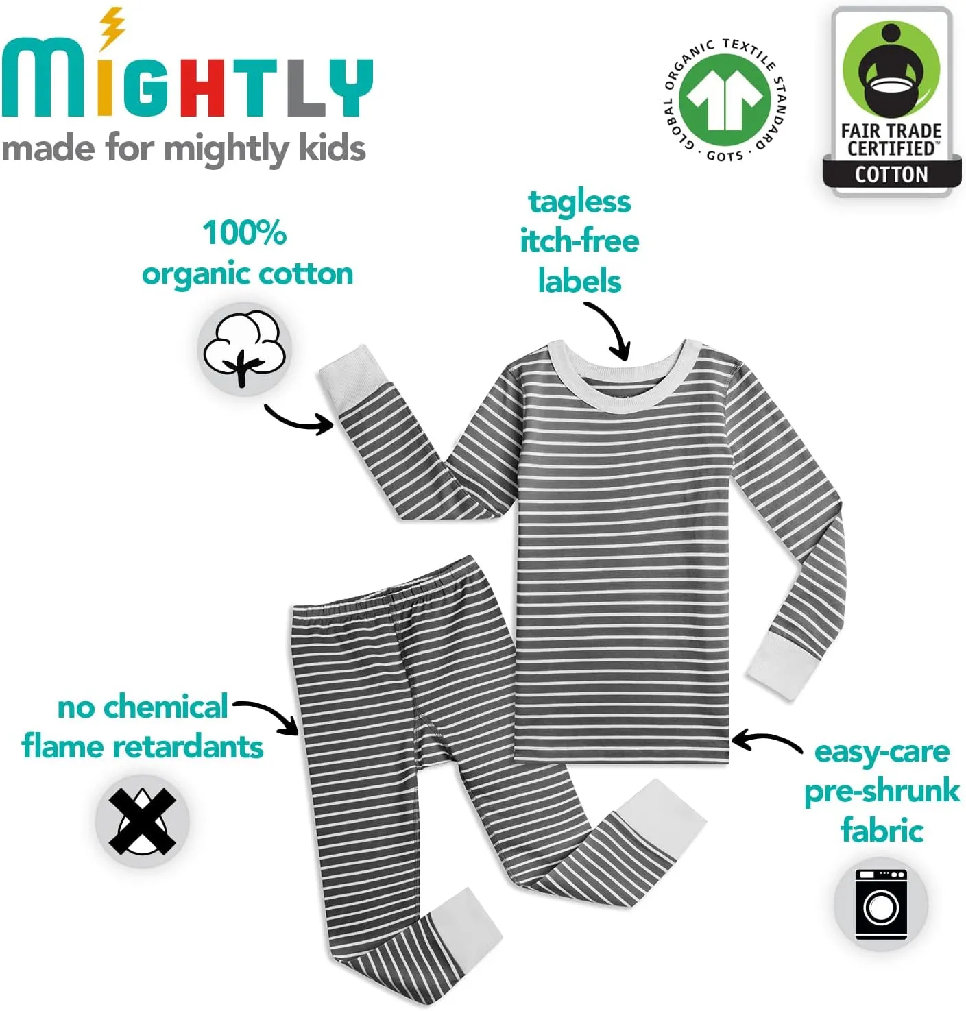 Mightly Boys and Girls' Pajamas | 100% Organic Cotton Soft, Elastic and Comfortable Footless Pajama Set for Toddlers & Kids