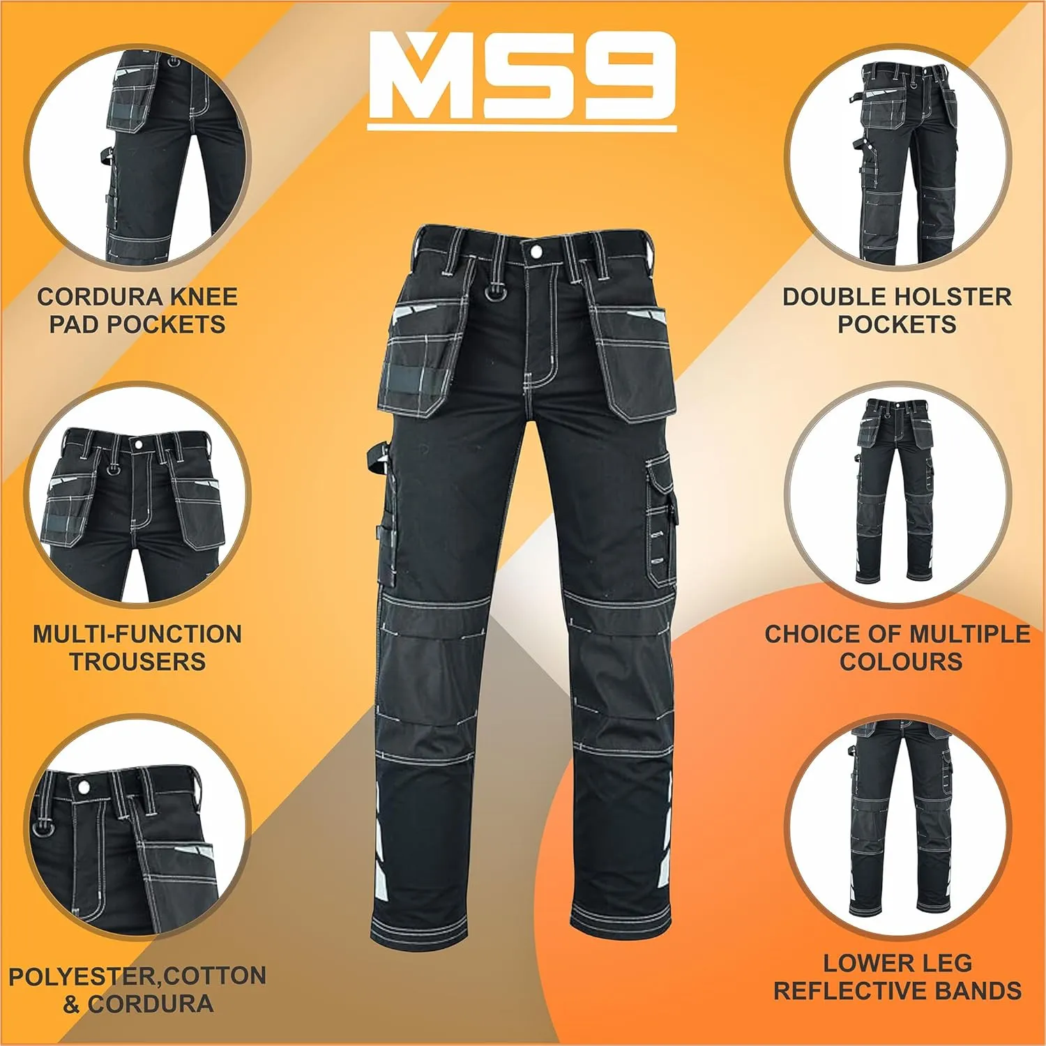 MS9 Men's Work Pants Casual Tactical Trousers Jeans with Holster Pockets