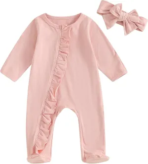 Mubineo Newborn Baby Girl Clothes Ruffle Footie Pajamas Long Sleeve Romper Jumpsuit Infant Cotton Footies Outfits