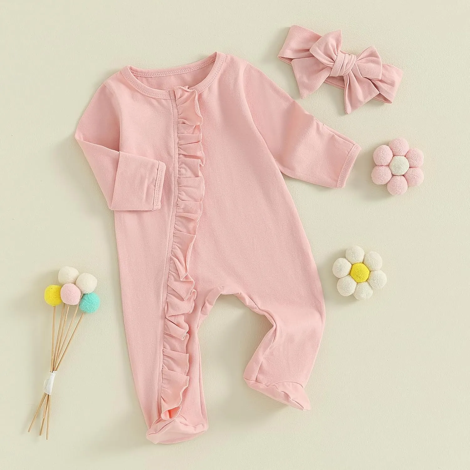 Mubineo Newborn Baby Girl Clothes Ruffle Footie Pajamas Long Sleeve Romper Jumpsuit Infant Cotton Footies Outfits