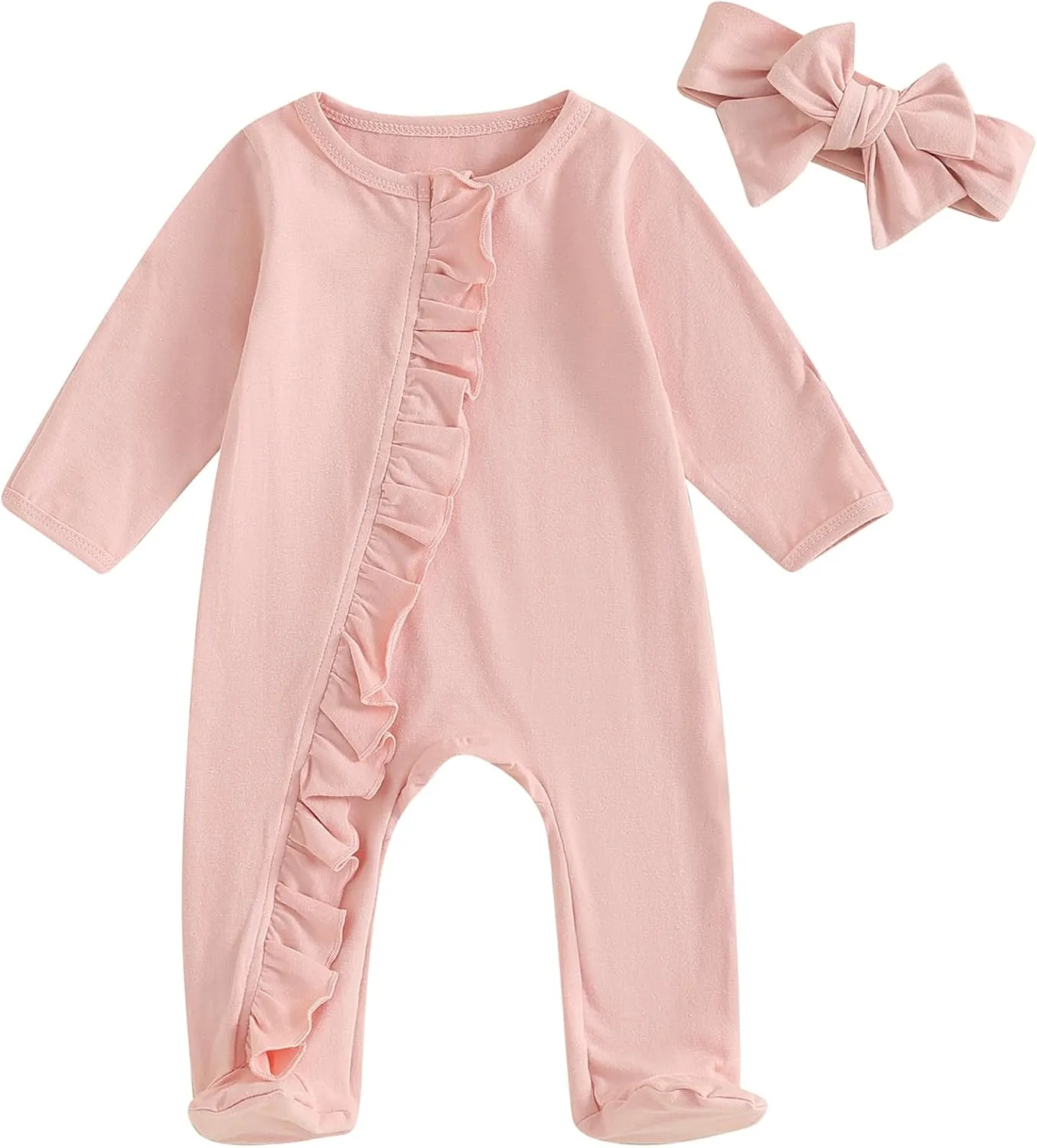 Mubineo Newborn Baby Girl Clothes Ruffle Footie Pajamas Long Sleeve Romper Jumpsuit Infant Cotton Footies Outfits