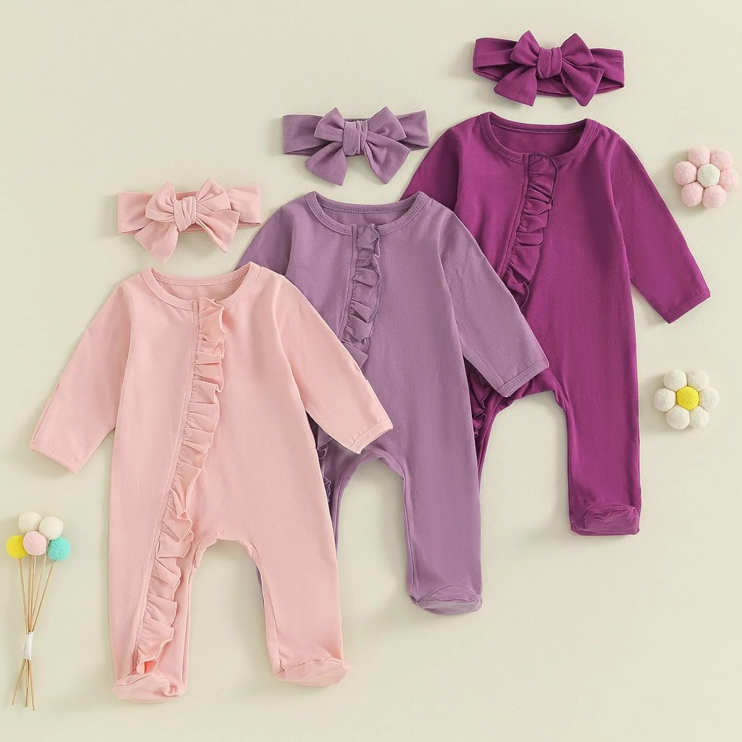 Mubineo Newborn Baby Girl Clothes Ruffle Footie Pajamas Long Sleeve Romper Jumpsuit Infant Cotton Footies Outfits