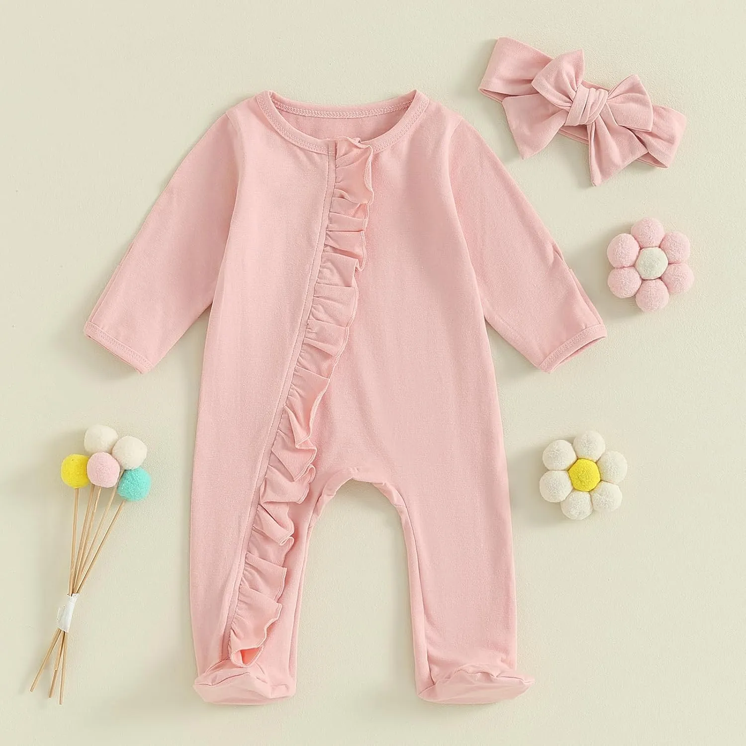 Mubineo Newborn Baby Girl Clothes Ruffle Footie Pajamas Long Sleeve Romper Jumpsuit Infant Cotton Footies Outfits