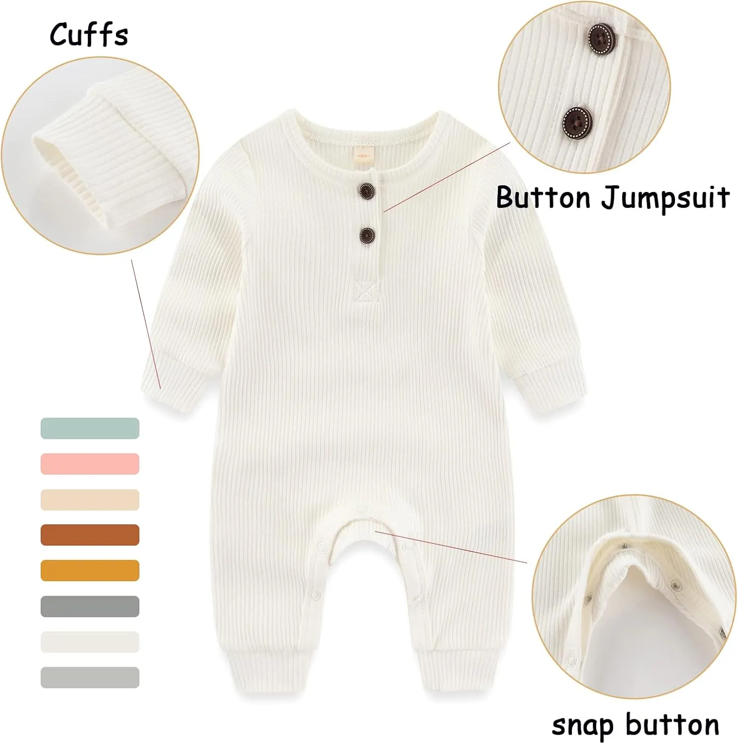 Newborn Baby Boys Girls One Piece Romper With Mitten Cuffs 3 Pack Long Sleeve Ribbed Button Jumpsuit Outfit Clothes