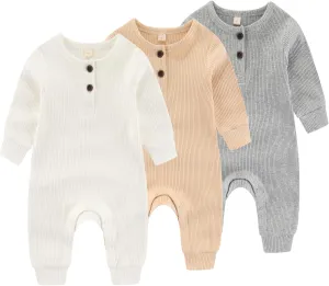Newborn Baby Boys Girls One Piece Romper With Mitten Cuffs 3 Pack Long Sleeve Ribbed Button Jumpsuit Outfit Clothes