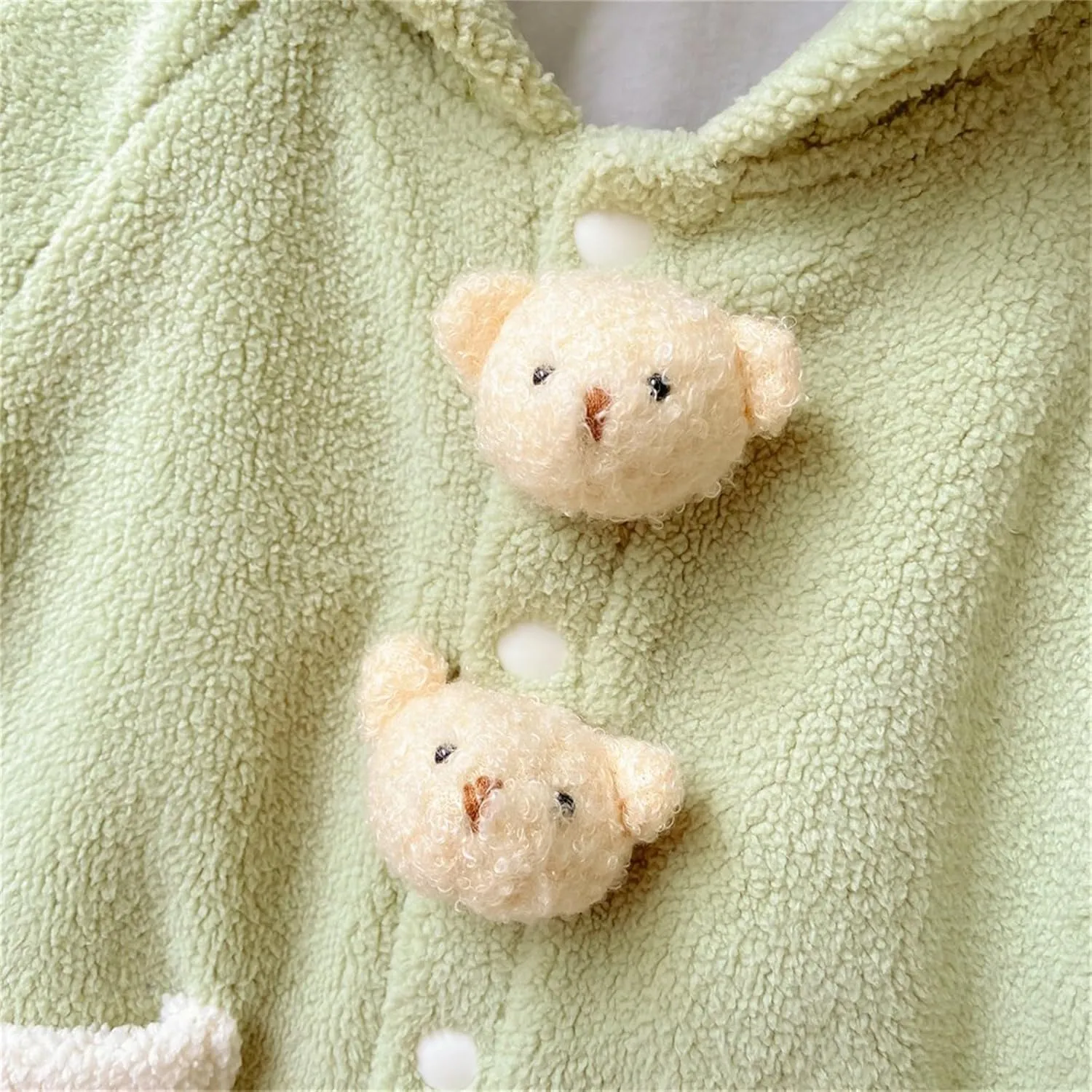 Newborn Winter Bear Hooded Fleece Jumpsuit Warm Thick Cute Cartoon Plush Button Down Snowsuit Overall Rompers