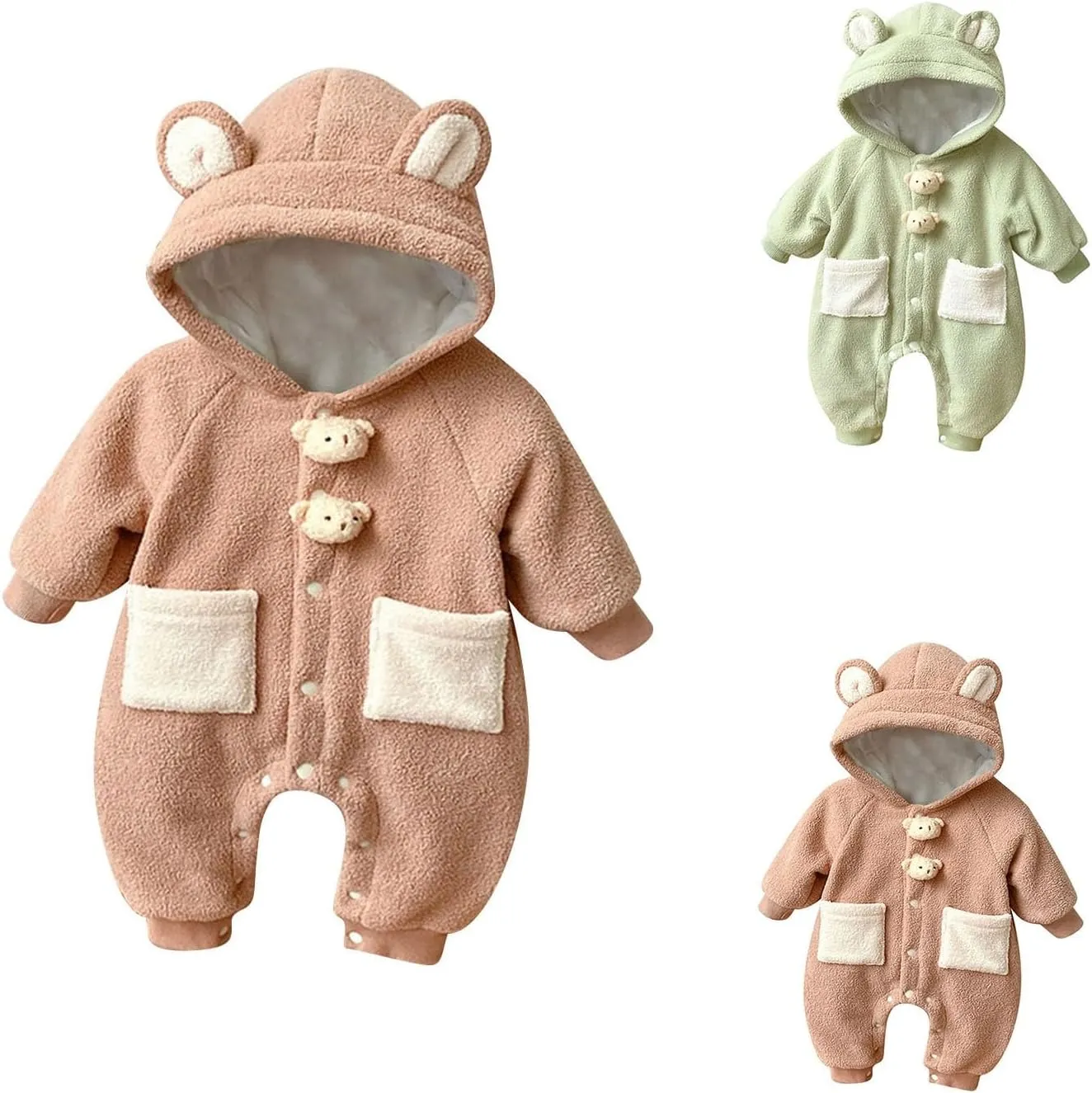 Newborn Winter Bear Hooded Fleece Jumpsuit Warm Thick Cute Cartoon Plush Button Down Snowsuit Overall Rompers