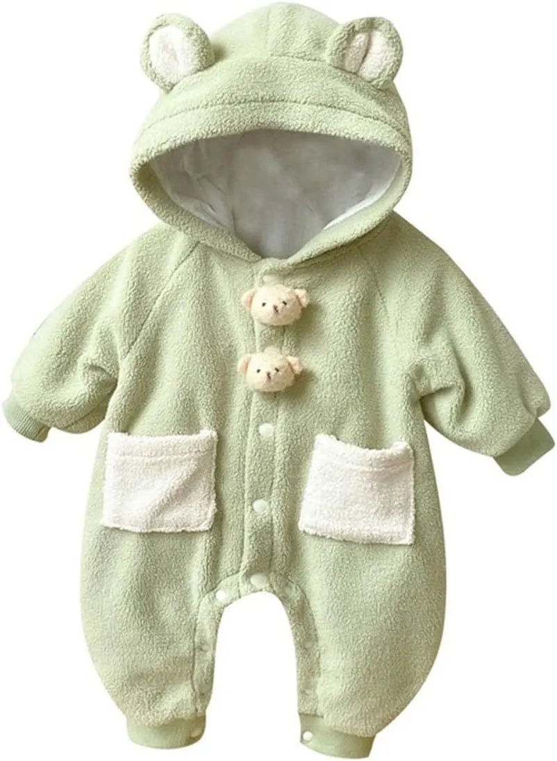 Newborn Winter Bear Hooded Fleece Jumpsuit Warm Thick Cute Cartoon Plush Button Down Snowsuit Overall Rompers