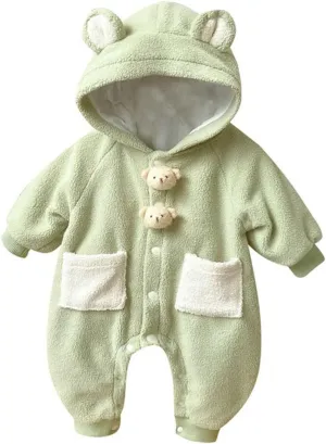 Newborn Winter Bear Hooded Fleece Jumpsuit Warm Thick Cute Cartoon Plush Button Down Snowsuit Overall Rompers