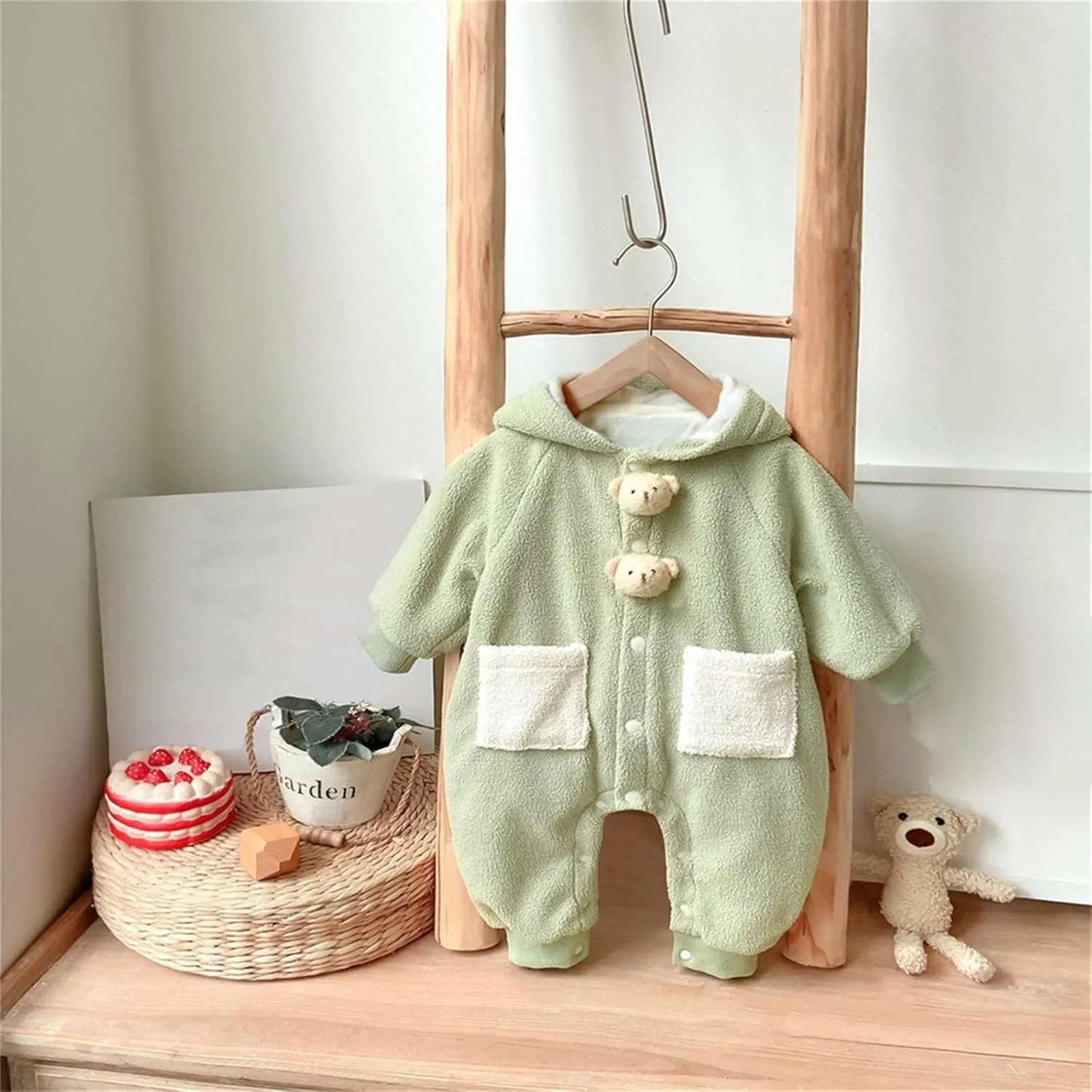 Newborn Winter Bear Hooded Fleece Jumpsuit Warm Thick Cute Cartoon Plush Button Down Snowsuit Overall Rompers