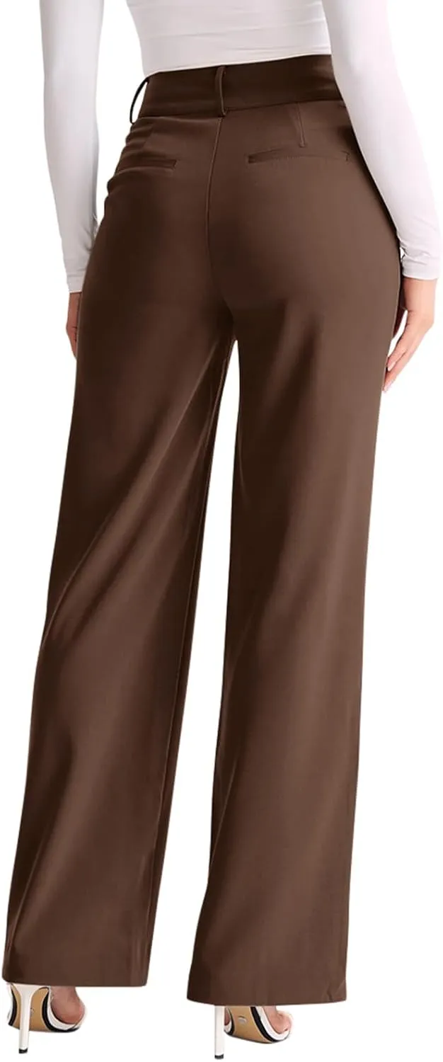 NIMIN Woman Business Work Pants High Waisted Casual Dress Pants Soft Loose Office Trousers Summer Trendy Straight Leg Work Pants Tawny L